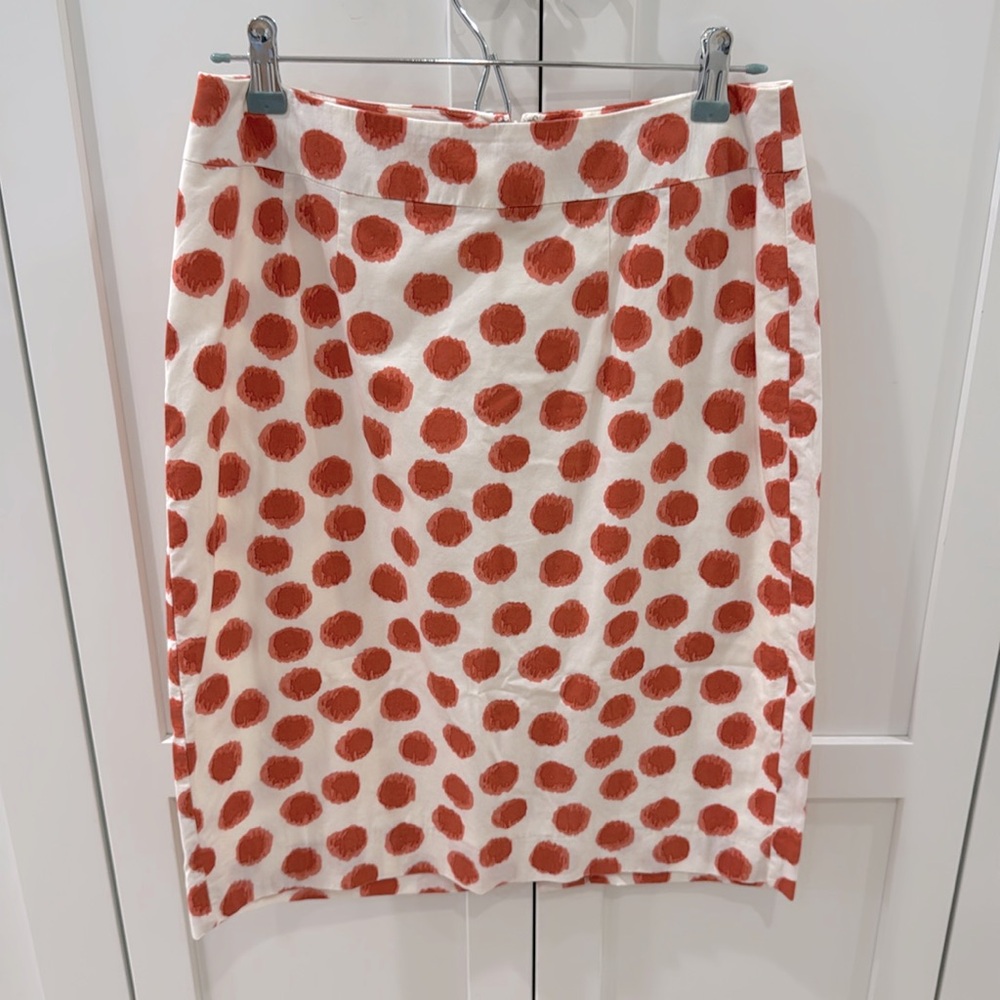Anthropologie CoreyLynnCarter Polka Dot Cream Coral straight cotton Skirt Sz 8